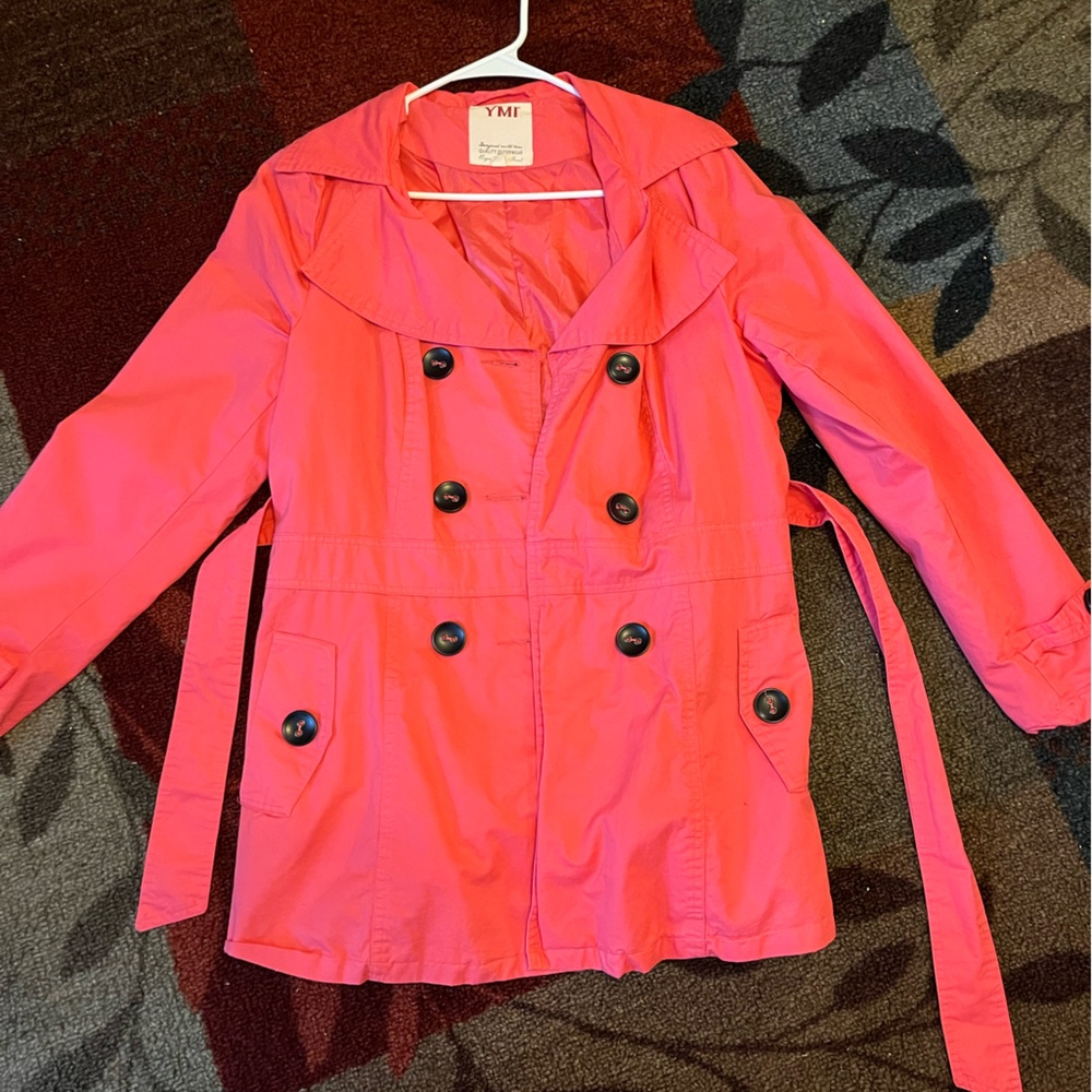 YMI hot pink button up belted jacket coat